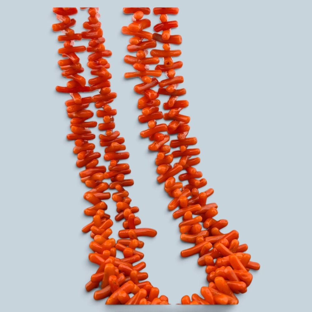 Red Orange Coral Look Branch Bead Multi Strand Statement Necklace 18-19"